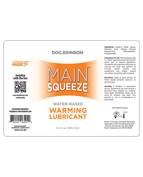 Doc Johnson Main Squeeze Warming Water - Based Personal Lubricant - 3.4 Oz