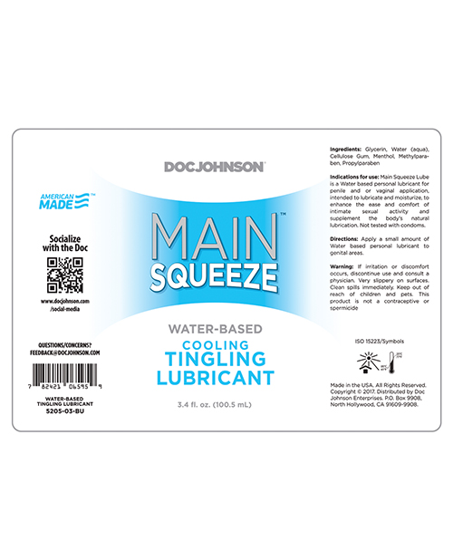 Doc Johnson Main Squeeze Cooling/Tingling Water - Based Personal Lubricant - 3.4 Oz
