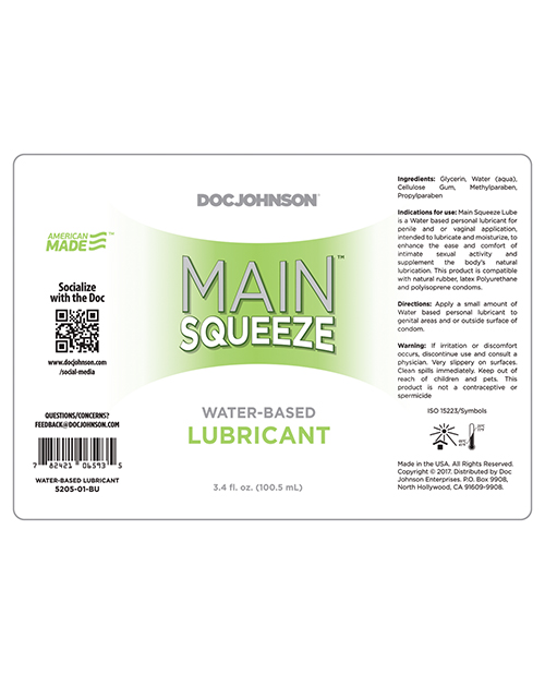 Doc Johnson Main Squeeze Water - Based Personal Lubricant- 3.4 Oz