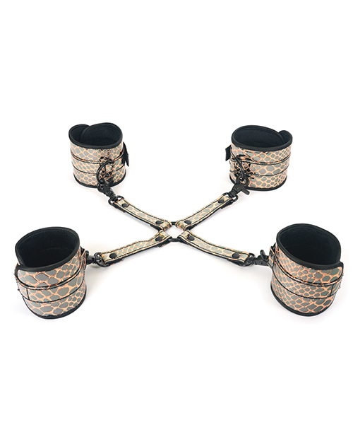 Spartacus Fetish Faux Leather Wrist & Ankle Restraints With Hog Tie - Gold