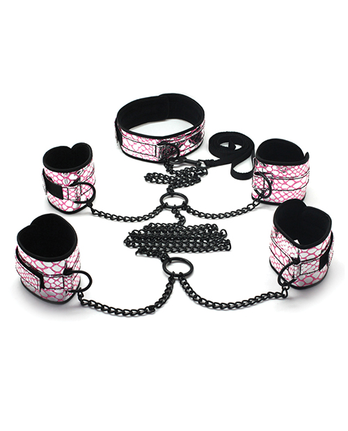 Spartacus Fetish Faux Leather Collar To Wrist & Ankle Restraints Bondage Kit With Leash - Pink