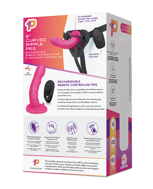 Pegasus 6" Rechargeable Ripple Pegging Dildo With Adjustable Harness & Remote - Pink