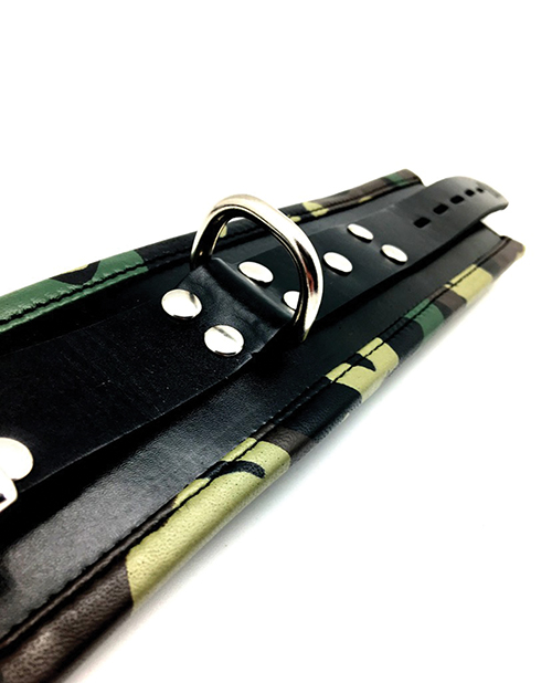 Sensual Sin Fetish Leather Padded Wrist Cuffs - Camo Piping