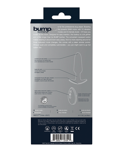 VeDO Bump Plus Rechargeable Remote Control Anal Vibrator Butt Plug - Just Black