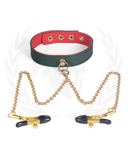 Spartacus Fetish Pu Collar With Nipple Clamps - Green