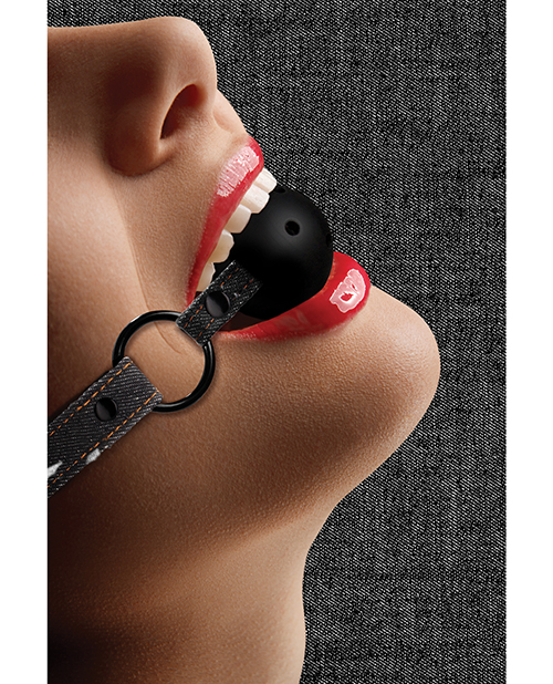 Shots Ouch Fetish Breathable Ball Gag With Denim Straps - Black