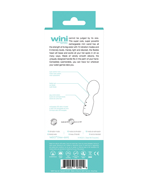 VeDO Wini Rechargeable Mini Vibrator Massage Wand - Tease Me Turquoise