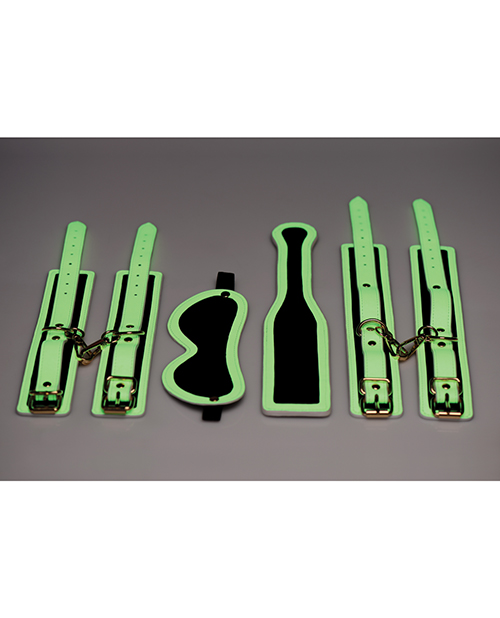 XR Fetish Master Series Kink In The Dark Glowing Cuffs & Blindfold & Paddle Restraint Set