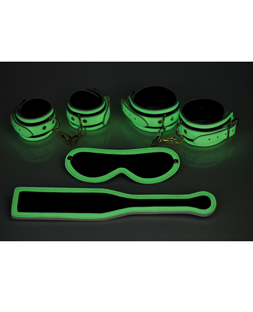XR Fetish Master Series Kink In The Dark Glowing Cuffs & Blindfold & Paddle Restraint Set