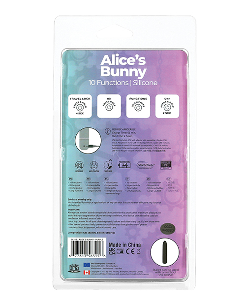 BMS Alice's Bunny Rechargeable Bullet Vibrator With Rabbit Sleeve - 10 Functions Purple