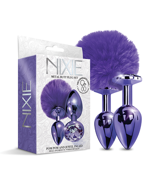 Nixie Metal Butt Plug Set With Jewel Inlaid & Pom Pom - Purple Metallic