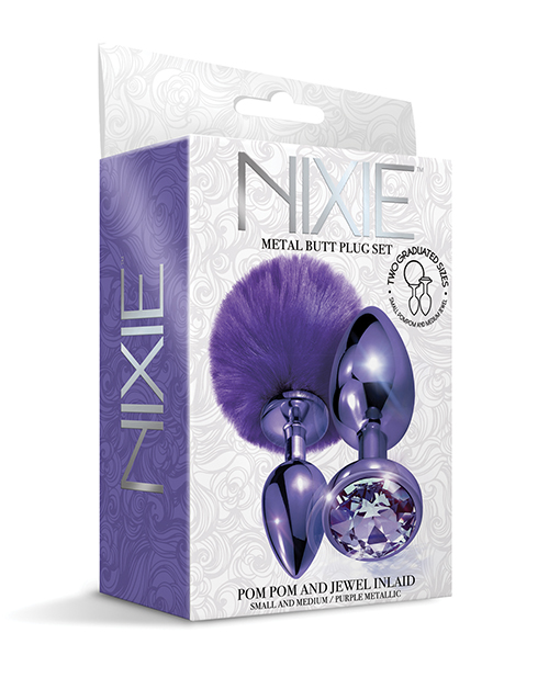 Nixie Metal Butt Plug Set With Jewel Inlaid & Pom Pom - Purple Metallic