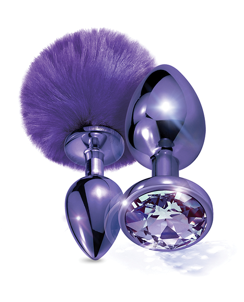 Nixie Metal Butt Plug Set With Jewel Inlaid & Pom Pom - Purple Metallic
