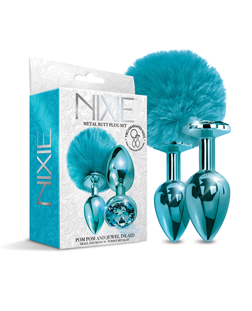 Nixie Metal Butt Plug Set With Jewel Inlaid & Pom Pom - Blue Metallic
