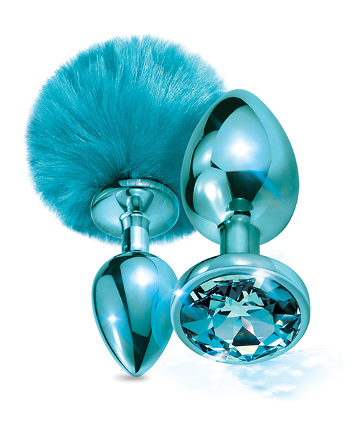 Nixie Metal Butt Plug Set With Jewel Inlaid & Pom Pom - Blue Metallic