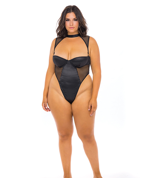 Josephine High Leg Teddy With Removable Fishnet Collared Harness Black 3X
