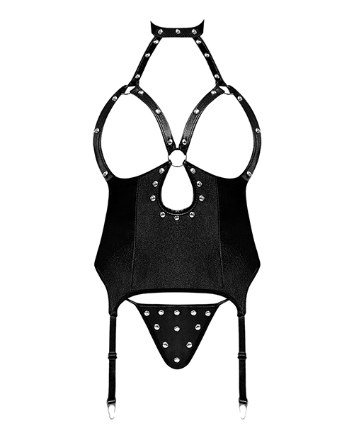 Lust Mistress Cupless Corset With Velcro Choker Collar, Metal Garters & G-String Black L/Xl