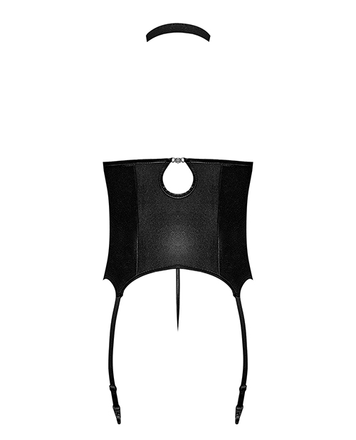 Lust Mistress Cupless Corset With Velcro Choker Collar, Metal Garters & G-String Black L/Xl