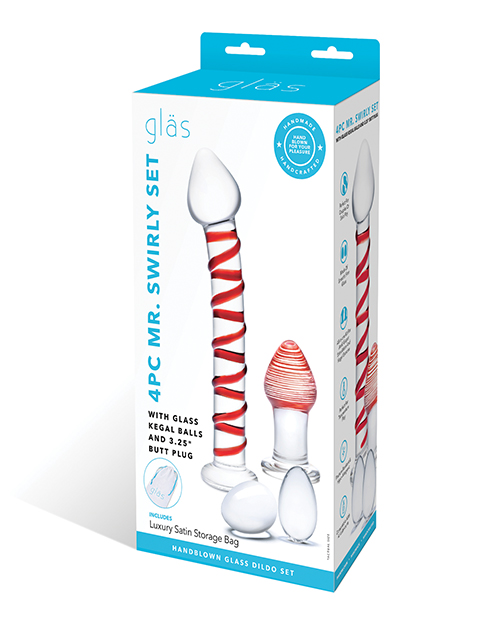 Glas 4 Pc Mr. Swirly Set With Glass Kegal Balls & 3.25" Butt Plug - Red