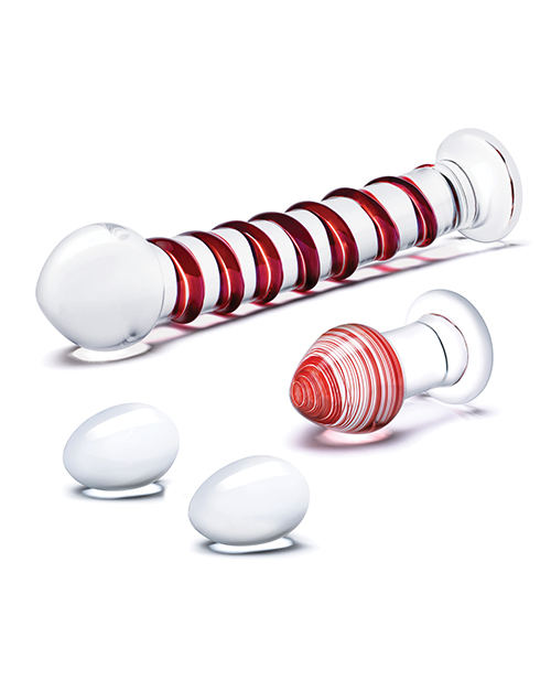 Glas 4 Pc Mr. Swirly Set With Glass Kegal Balls & 3.25" Butt Plug - Red