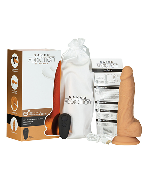 Naked Addiction 8" Rotating & Vibrating Dong With Remote - Caramel