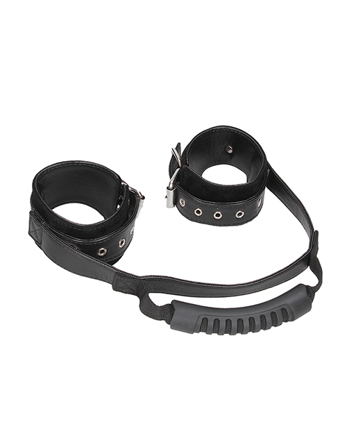 Shots Ouch Black & White Bonded Leather Hand Cuffs With Handle - Black