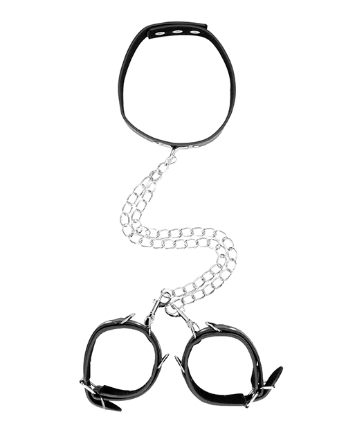 Shots Ouch Black & White Bonded Leather Collar With Hand Cuffs - Black