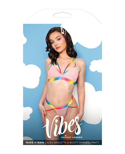 Vibes Make It Rain Caged Bralette & Panty With Booty Rainbow L/Xl