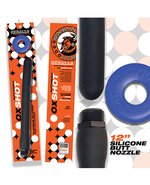 Oxballs Oxshot 12" Silicone Butt Nozzle With Flex Cockring - Black/Blue