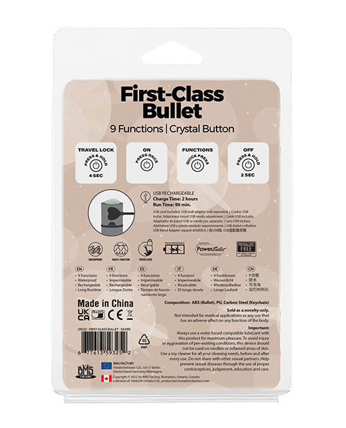 First Class Mini Rechargeable Bullet With Crystal - 9 Functions Silver