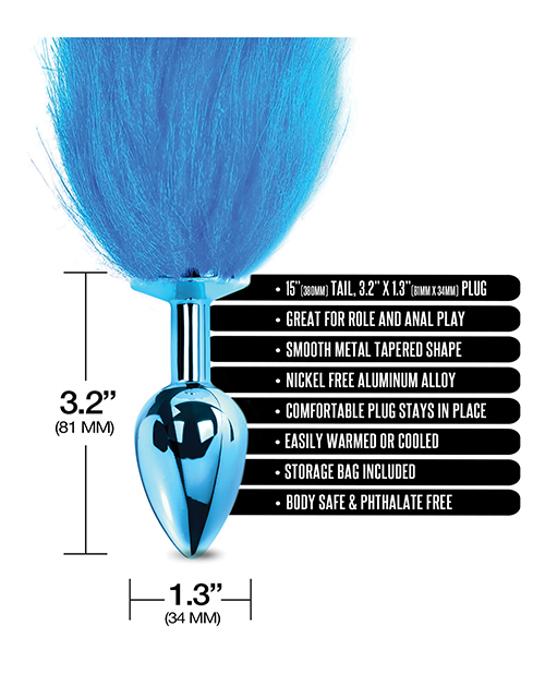 Nixie Metal Butt Plug With Faux Fur Tail - Blue Metallic