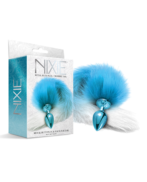 Nixie Metal Butt Plug With Faux Fur Tail - Blue Metallic