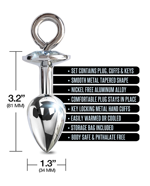 Nixie Metal Butt Plug With Inlaid Jewel & Cuff Set - Silver Metallic