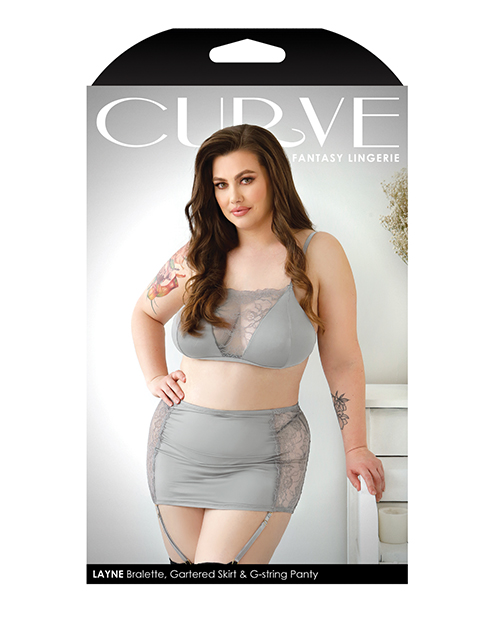 Curve Layne Lace & Microfiber Bralette With Garter Skirt & G-String Gray 1X/2X