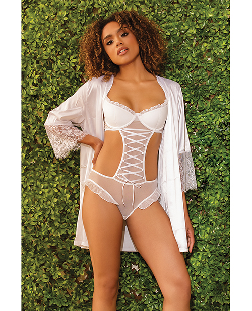 Stretch Mesh Ruffled Crotchless Teddy White Lg
