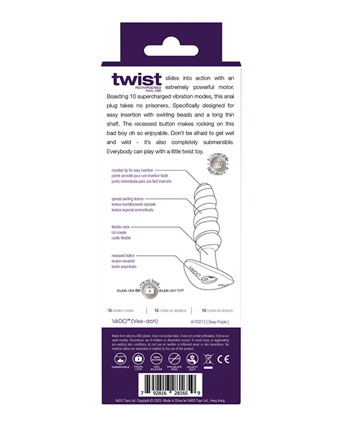 Vedo Twist Rechargeable Anal Plug - Purple