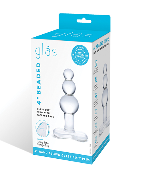 Glas 4" Beaded Glass Butt Plug With Tapered Base - Clear