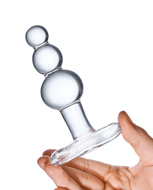 Glas 4" Beaded Glass Butt Plug With Tapered Base - Clear