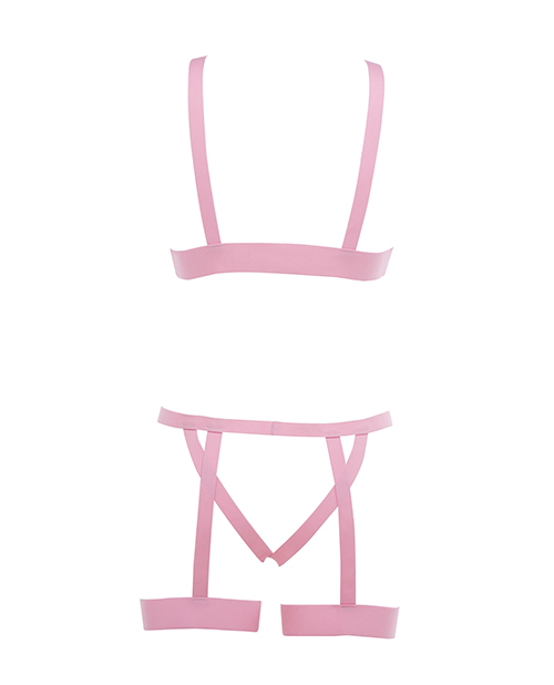 Kitten Teaser Strappy Open Cup Bra & Open Panty With Leg Straps Pink O/S