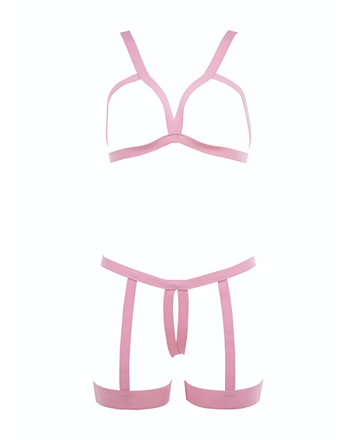 Kitten Teaser Strappy Open Cup Bra & Open Panty With Leg Straps Pink O/S