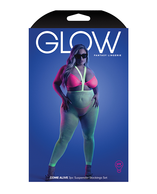 Glow Come Alive Suspender Stockings, Bralette & G-String Multi Color Qn