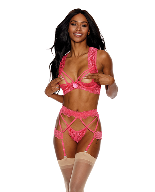 Lace Underwire Peek A Boo Bra, Garterbelt & G-String Coral Lg