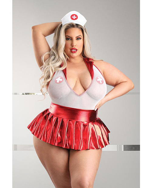 Play Pulse Check Collared Teddy With Open Back, Pleated Skirt, Medic Hat & Pasties Red/White 3X/4X