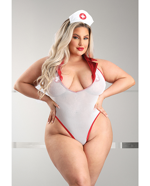Play Pulse Check Collared Teddy With Open Back, Pleated Skirt, Medic Hat & Pasties Red/White 3X/4X