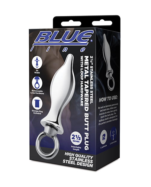 Blue Line 2.5" Stainless Steal Bling Tapered Butt Plug With Loop Hardware