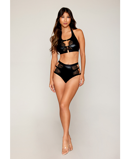 Stretch Faux Leather and Eyelash Lace Bralette With High-Waisted Panty - Black XL