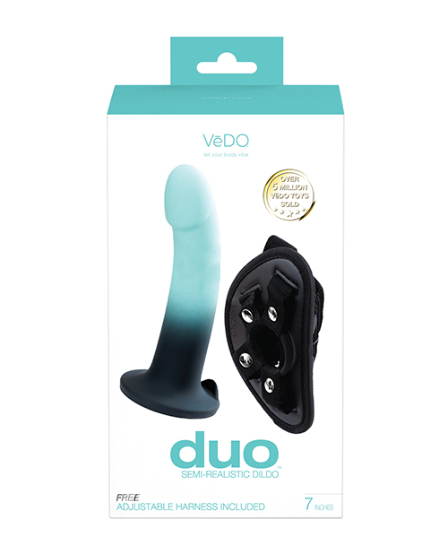 VeDO Duo Silicone Dildo With Harness - Turquoise/Black