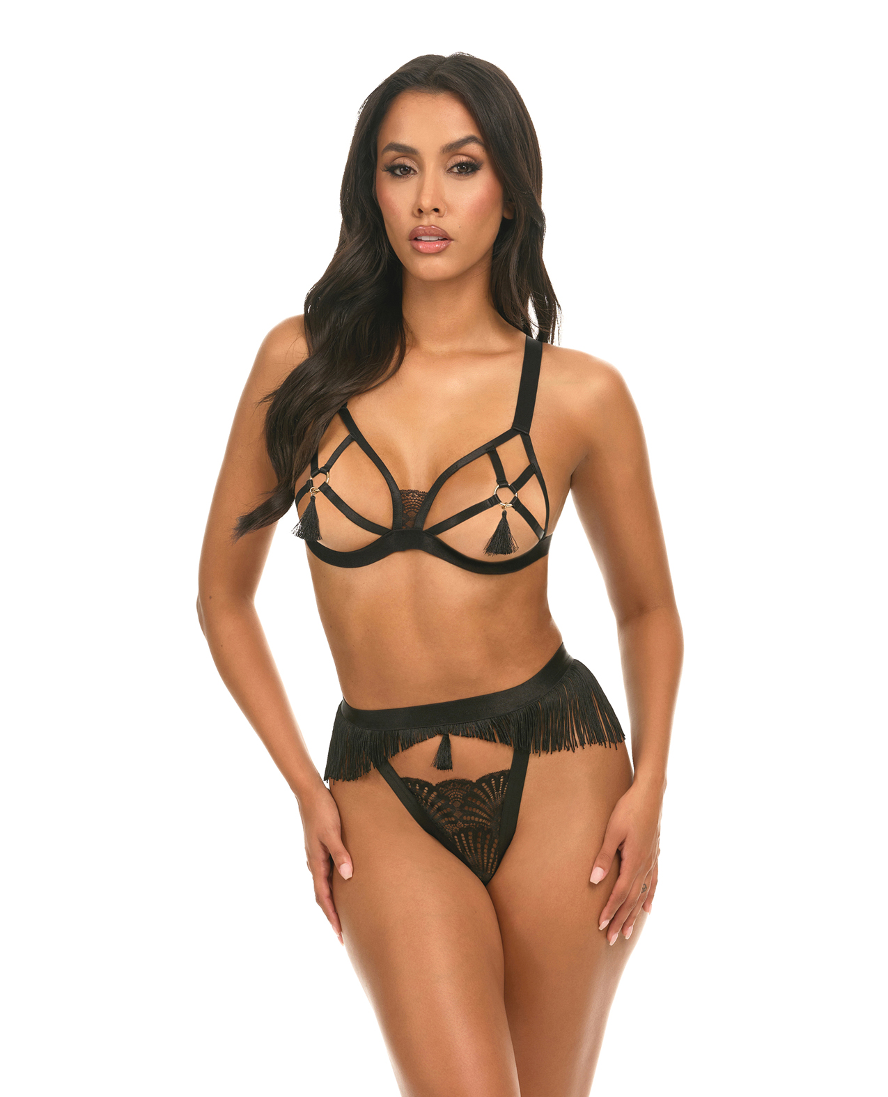Annika Open Cup 2 pc Set WithFringe and Tassel Detail - Black L/XL