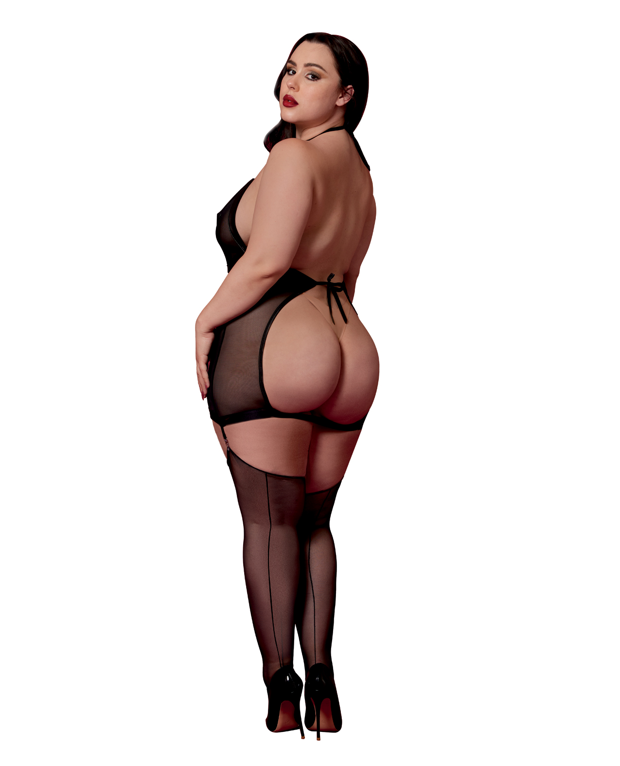 Stretch Mesh and Faux Leather Gartered Chemise With Removable Flogger - Black QN
