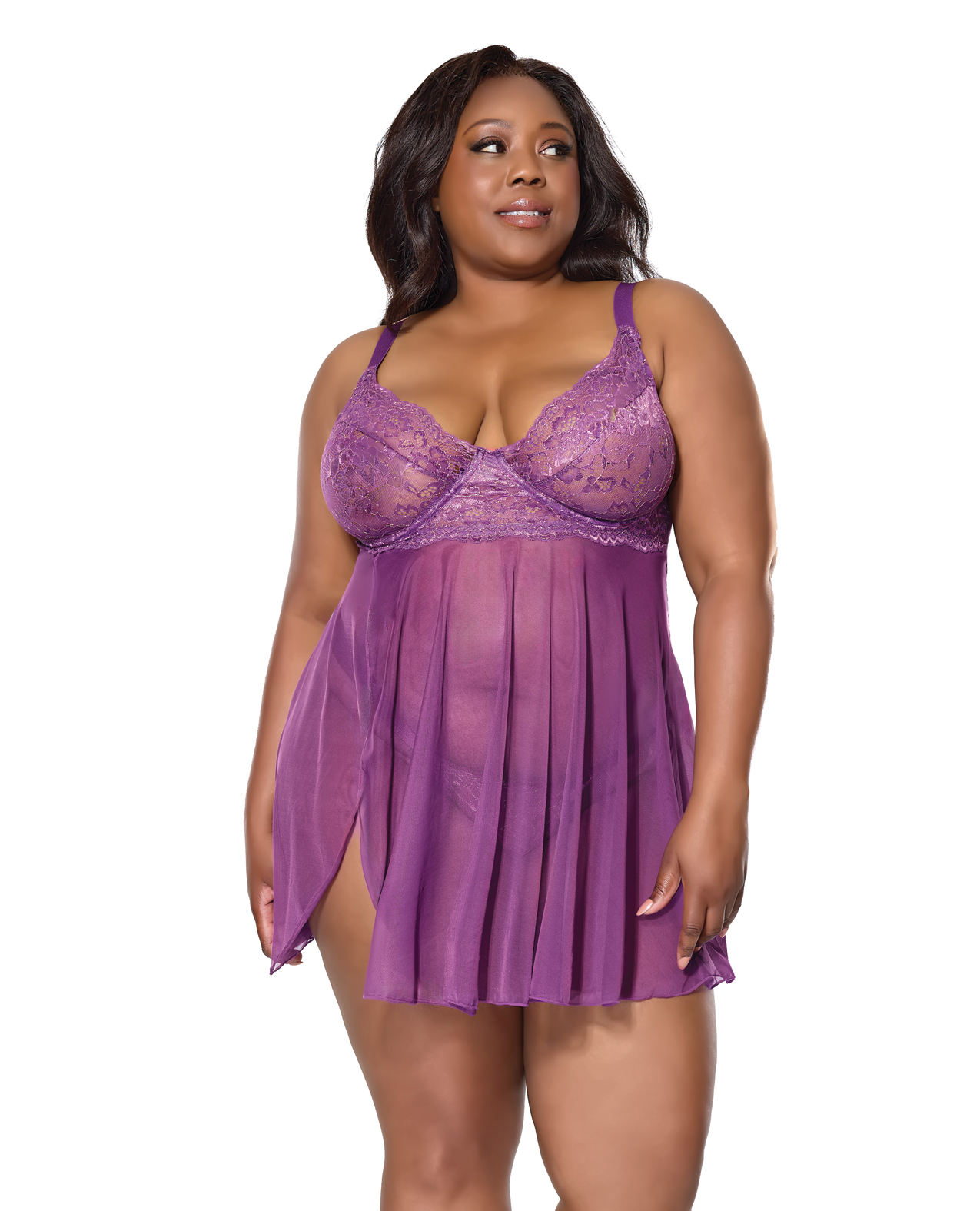 Metallic Stretch Lace & Mesh Babydoll With Thong - Purple 1X/2X